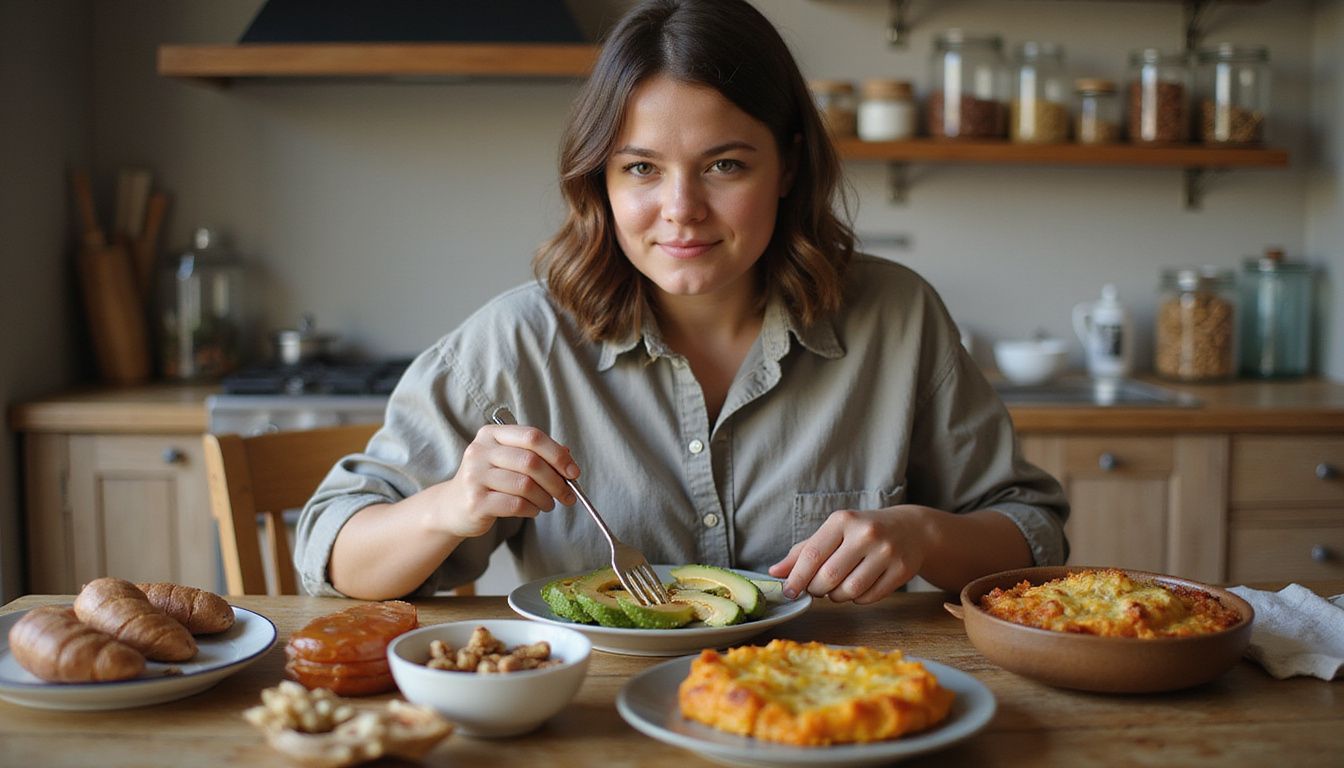 Person eating a balanced, calorie-dense meal at a cozy table. Person eating a balanced, calorie-dense meal at a cozy table.