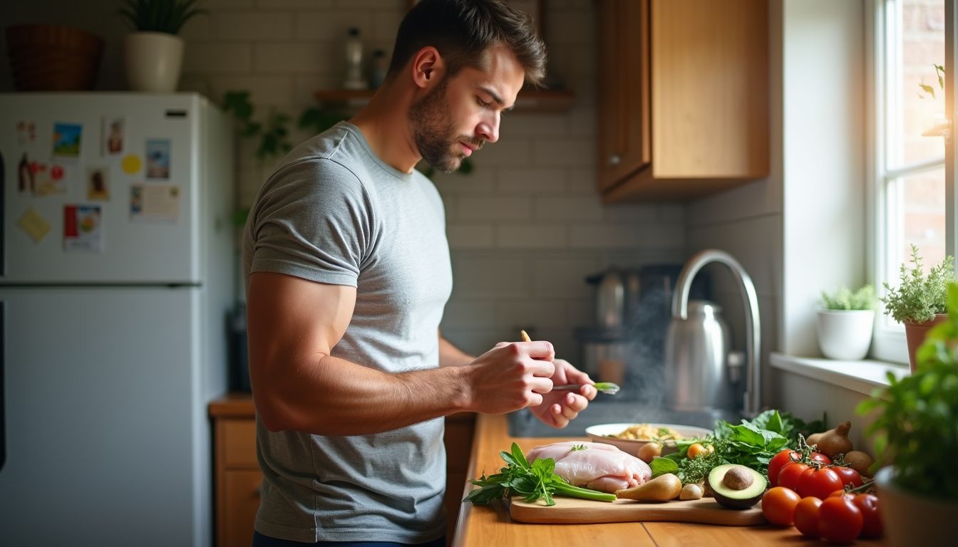 A man cooks a calorie-dense, nutrient-rich meal.
