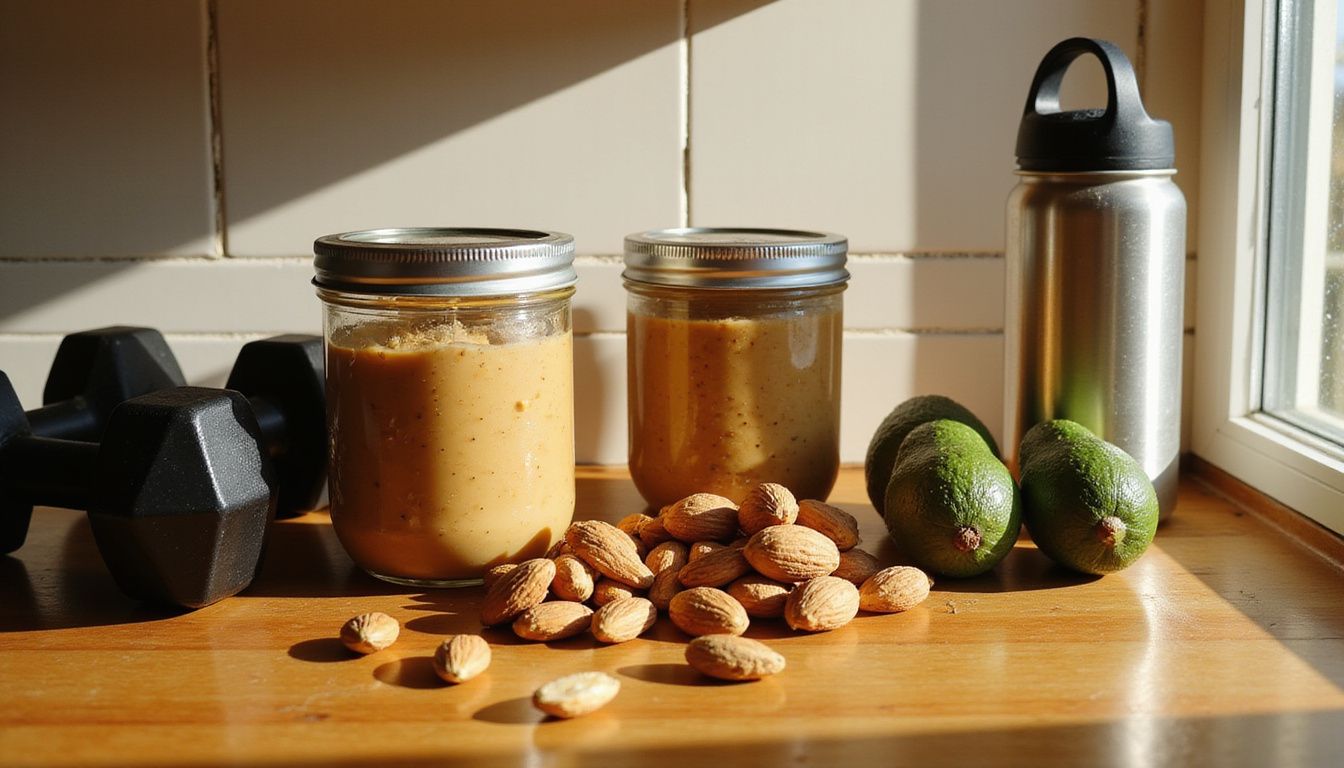 A kitchen counter with jars of food, a water bottle, and dumbbells, suggesting nutrition plus training.