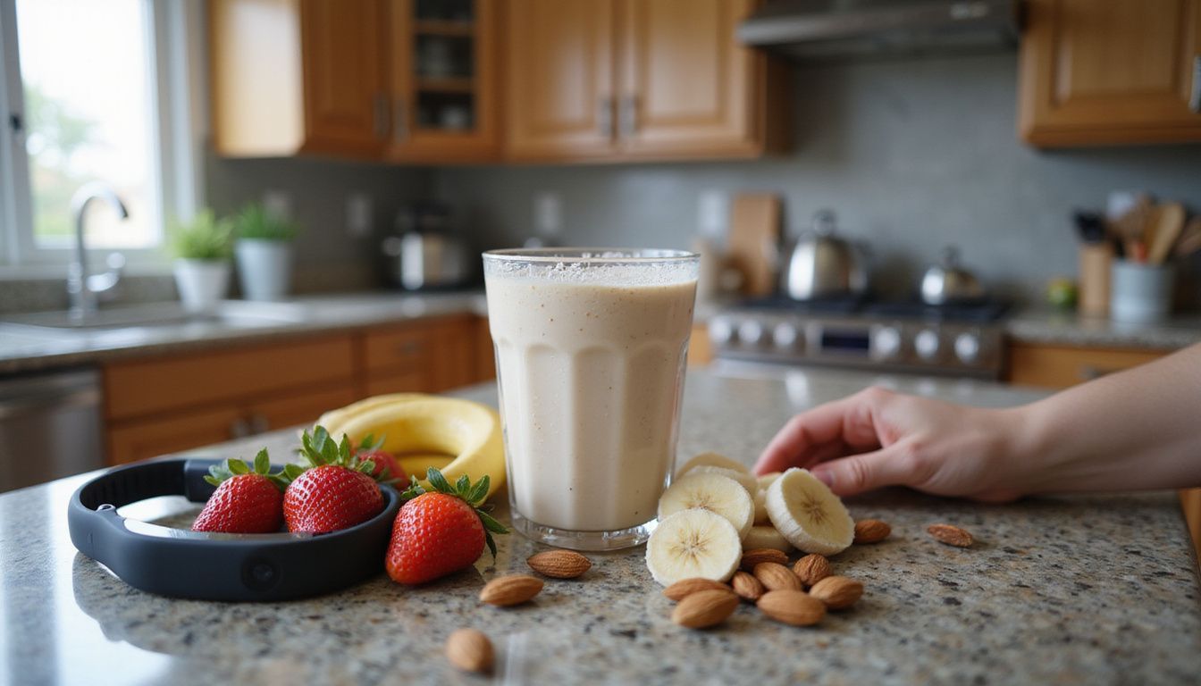 Protein shake with fruit and a fitness tracker, ready for a workout.