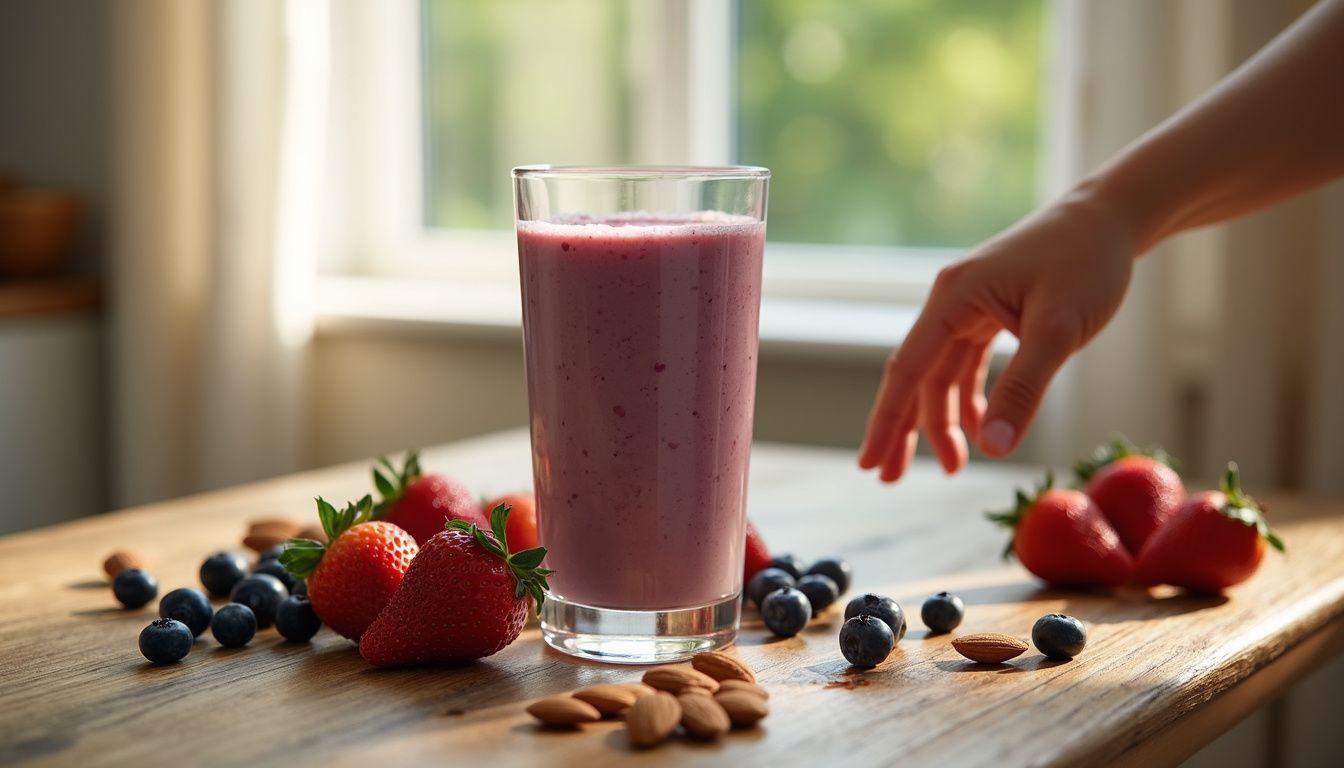 Bright smoothie in a glass, surrounded by fresh fruit and almonds on a table.