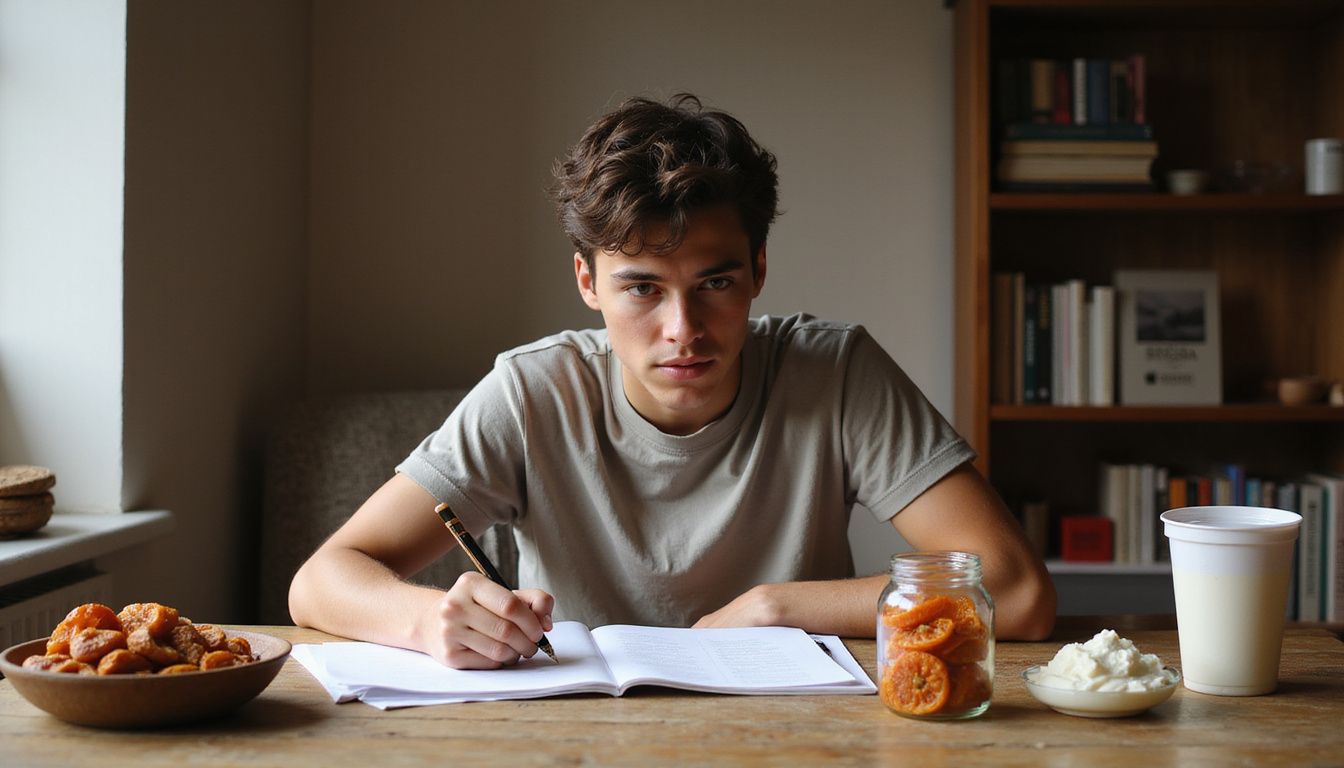 A student studies at a desk with balanced high-calorie snacks nearby.
