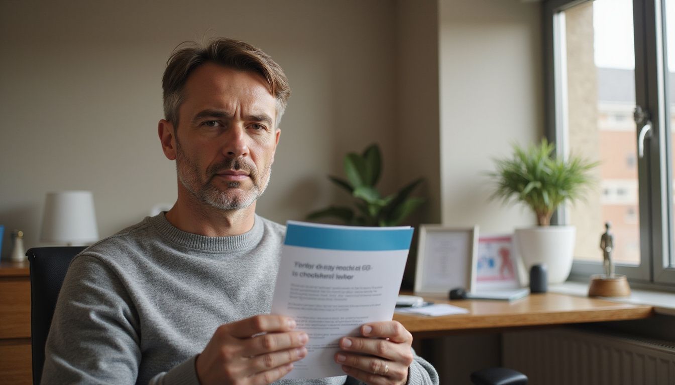 A patient reviews a cholesterol handout while waiting to see a clinician.
