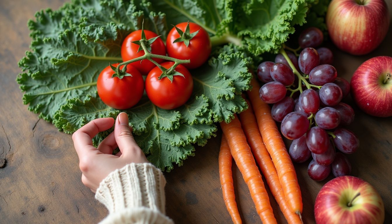 Fresh fruits and vegetables spread across a wooden table, ready to prep.