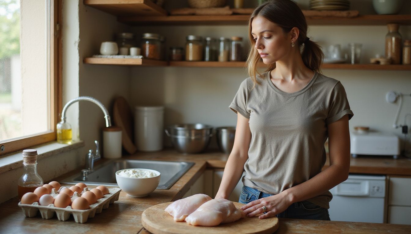 Kitchen counter with whole foods used to build a protein-focused meal.