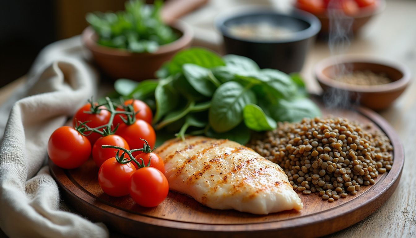 Table of lean proteins, yogurt, beans, and vegetables arranged for meal planning.