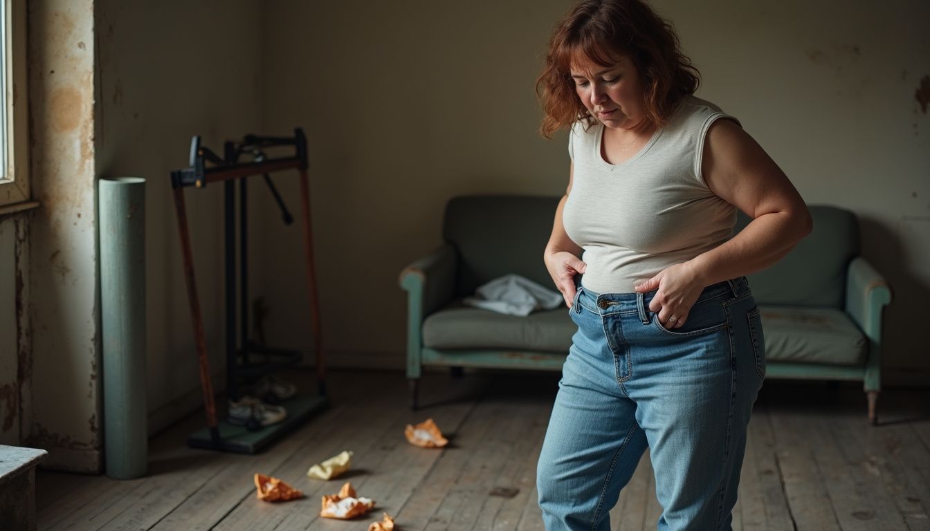 Woman struggling to zip jeans while trying to manage weight at home