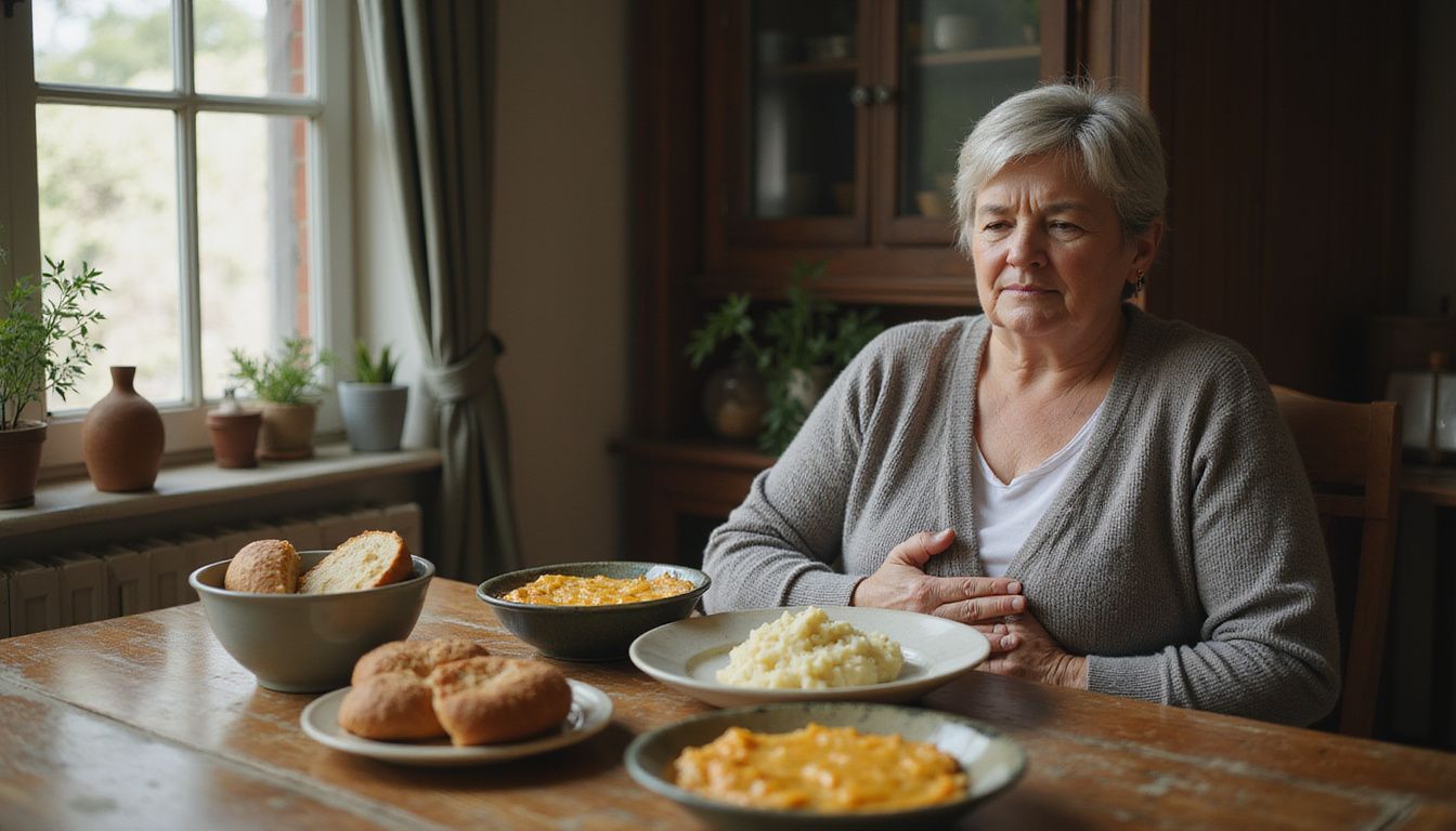 A woman at a table pausing mid-meal due to stomach discomfort.