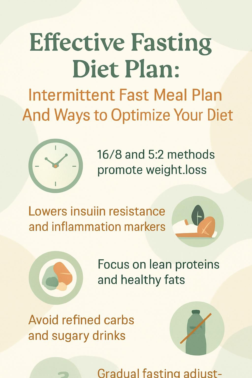 Infographic summarizing intermittent fasting methods, meal timing, and food choices.