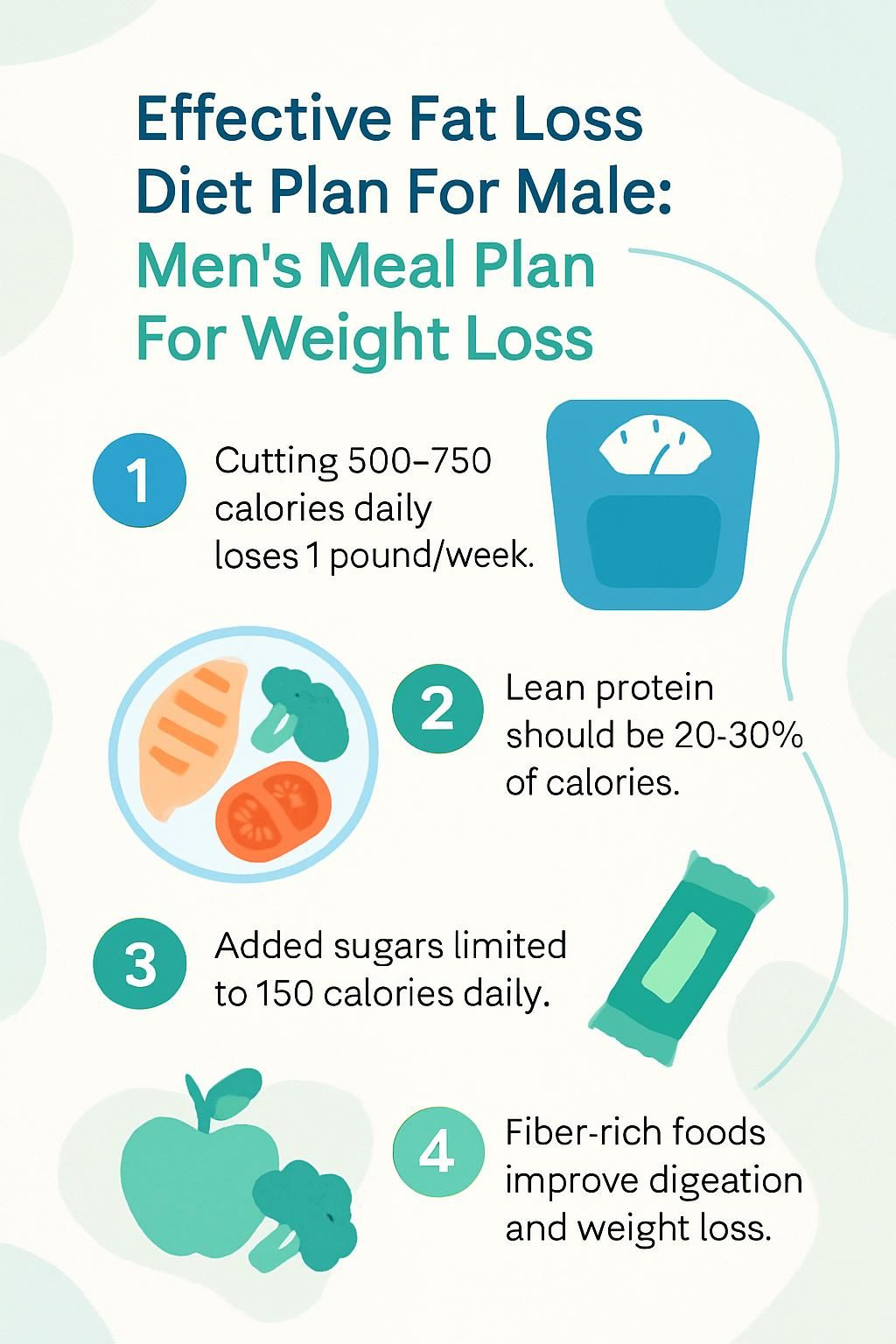 Infographic outlining steps for a men's fat loss meal plan.