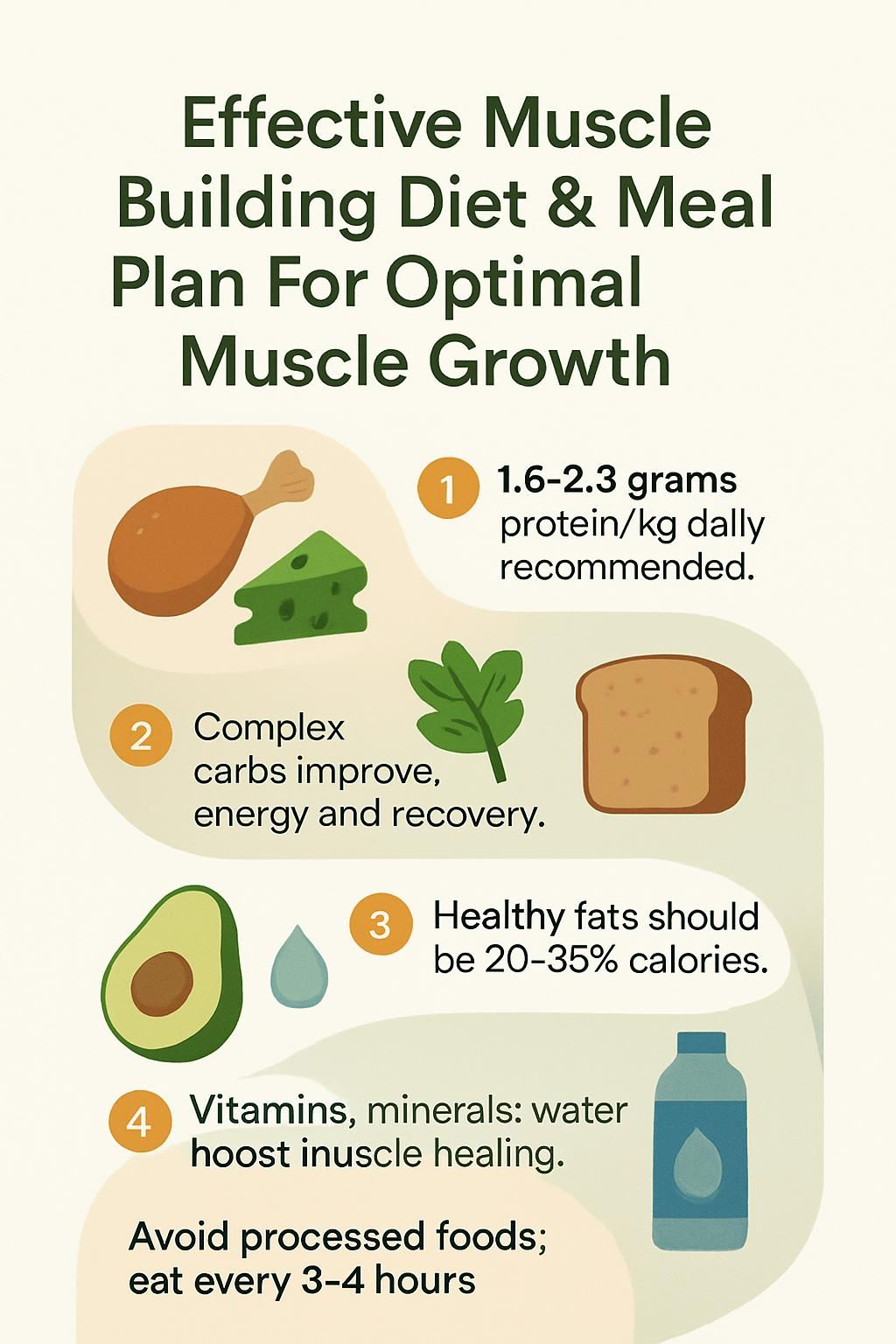 Infographic of a 7-day muscle-building meal plan and key nutrients