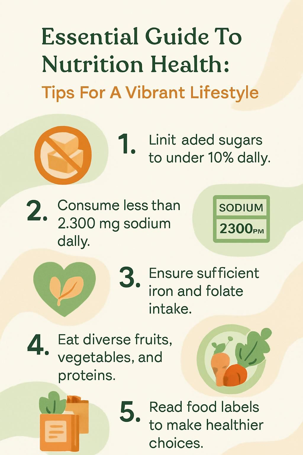 Infographic summarizing key nutrition tips, food groups, and daily habits.