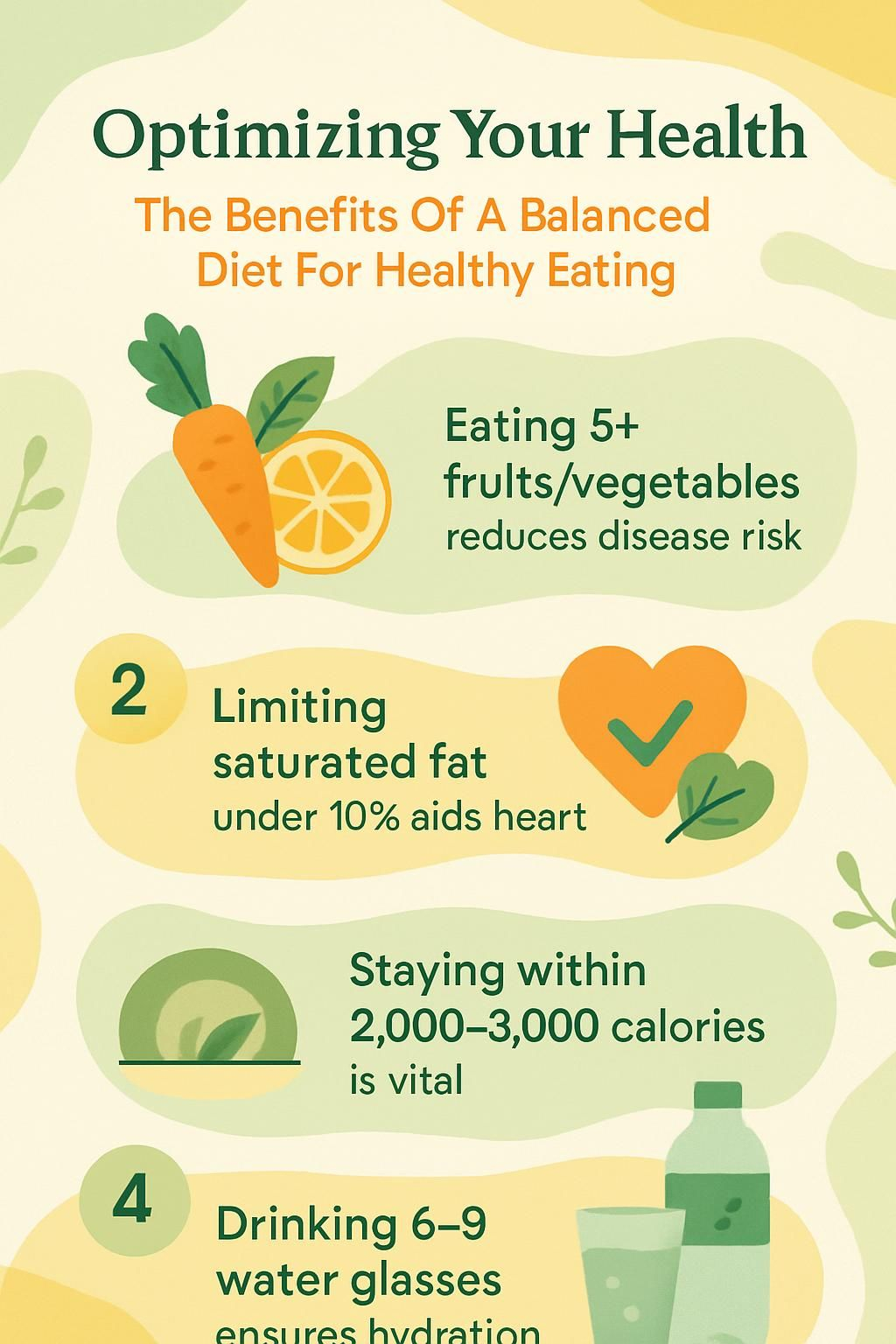Infographic with plate model showing food groups, portion tips, and hydration reminders.
