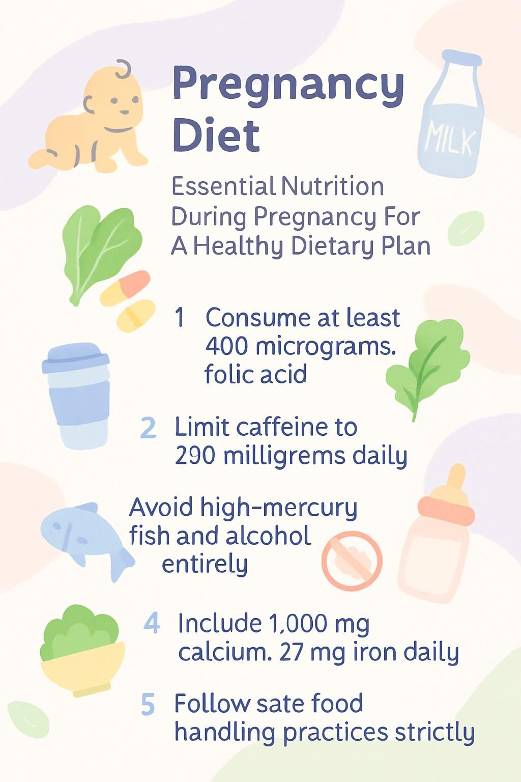 Infographic showing key nutrients, safe foods, and foods to limit during pregnancy.