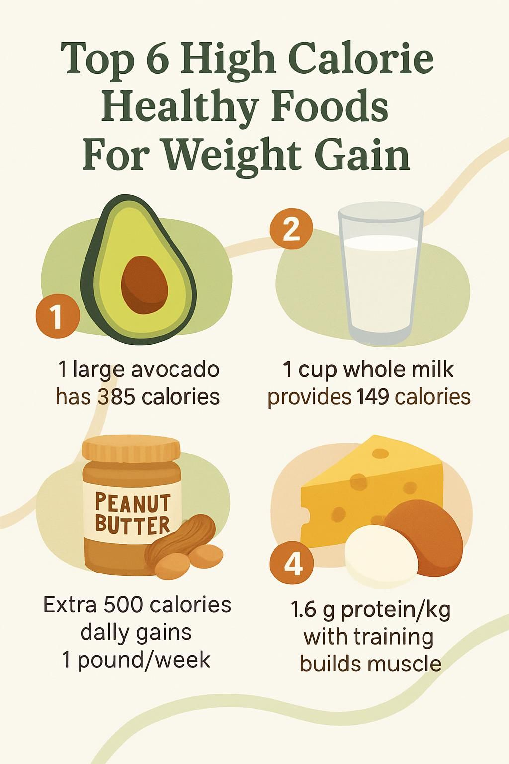 Infographic of top high-calorie healthy foods and simple serving ideas.