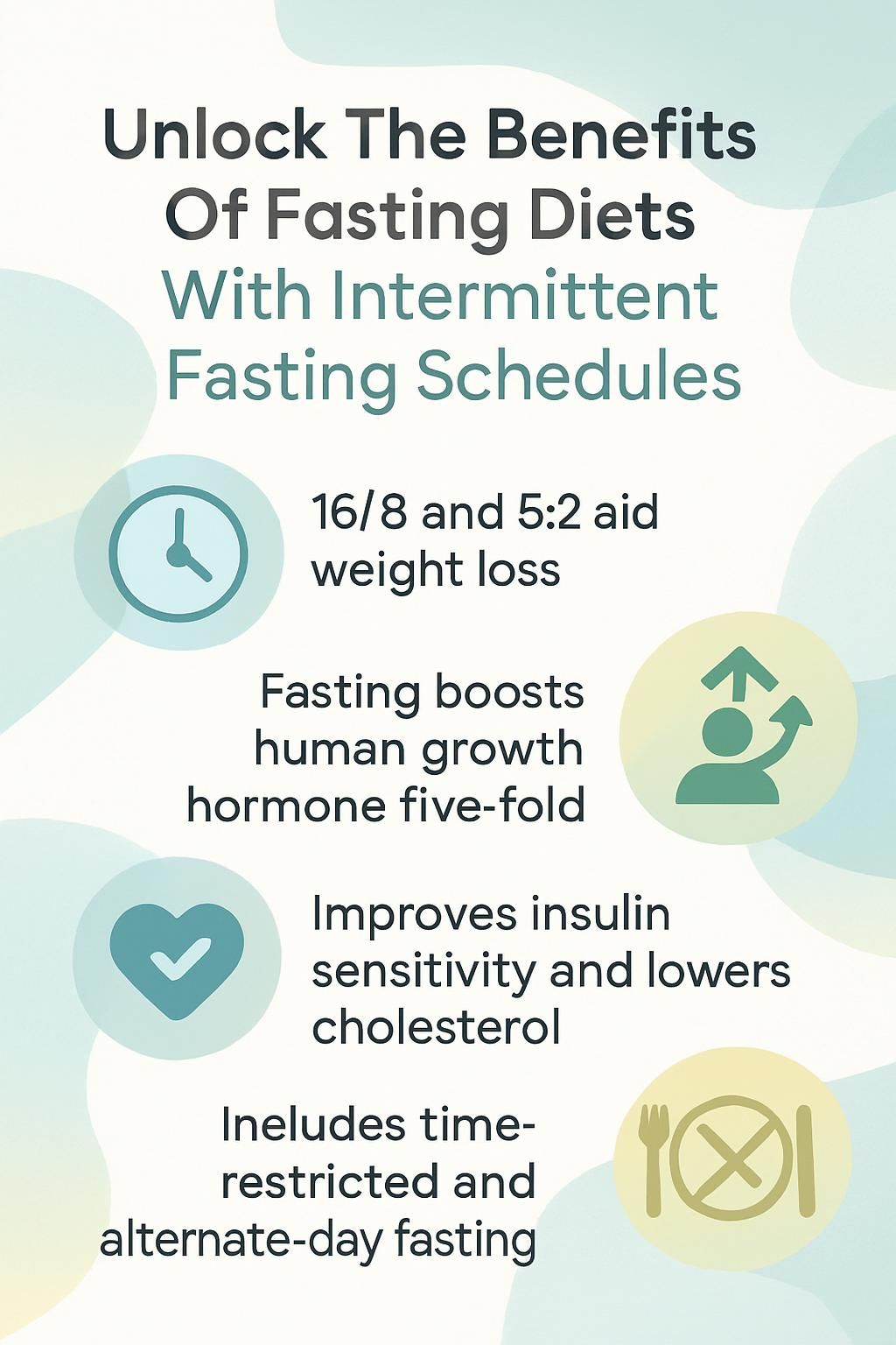 Infographic showing intermittent fasting schedules, benefits, and safety tips.