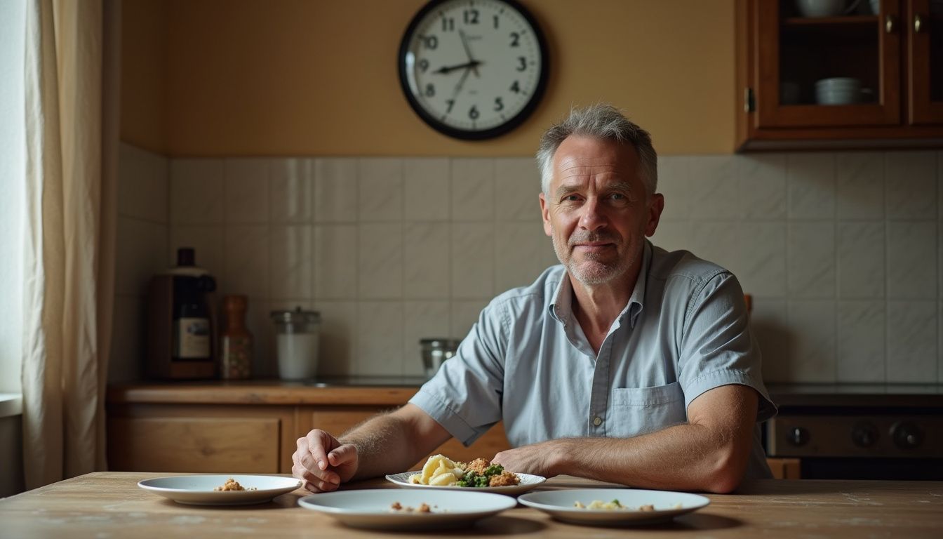 A middle-aged man journals about fasting progress at his kitchen table.