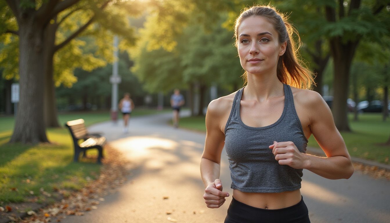Woman training in a city park, staying focused during a run.