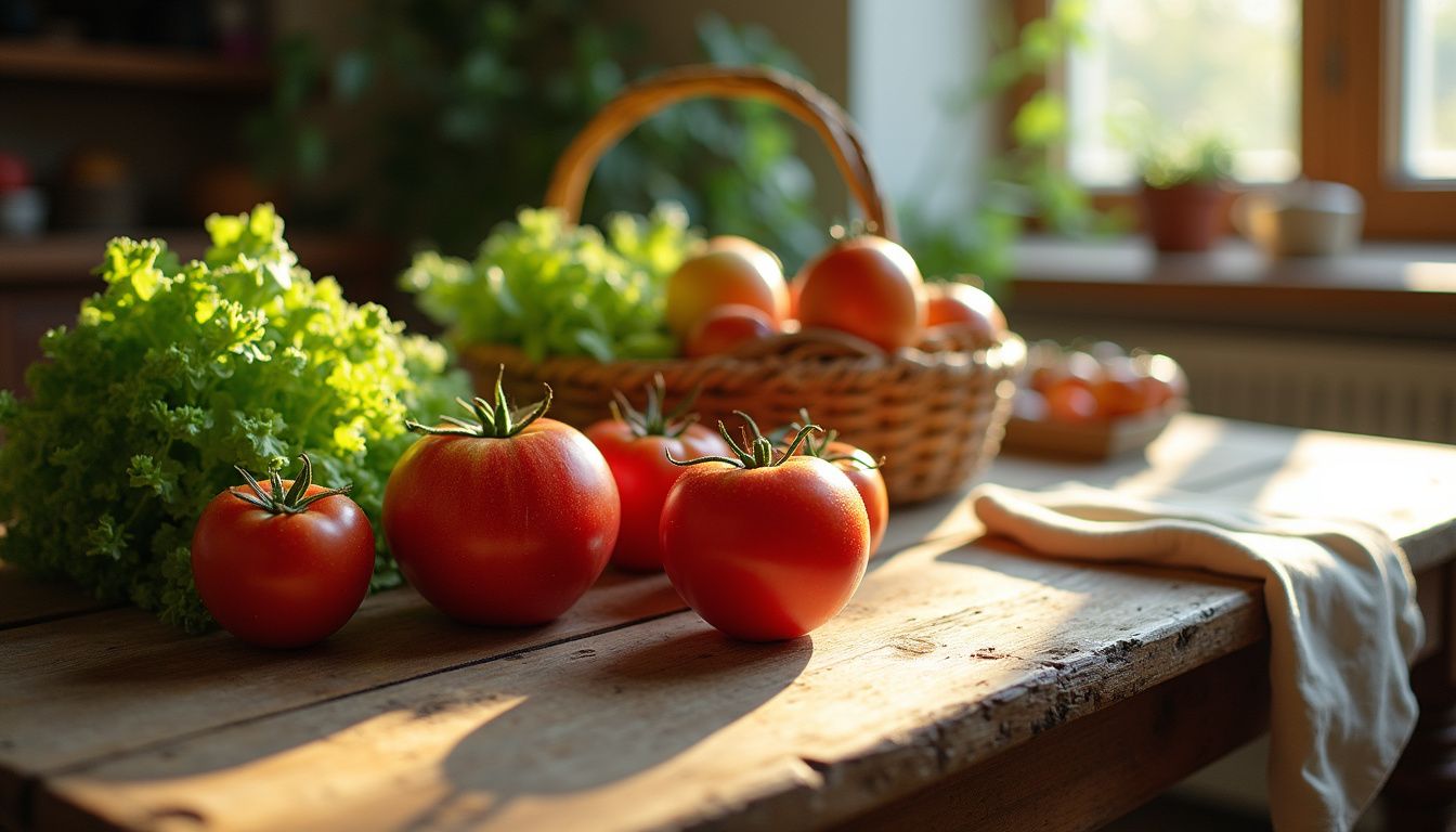 Kitchen table with a simple spread of fruit and vegetables.