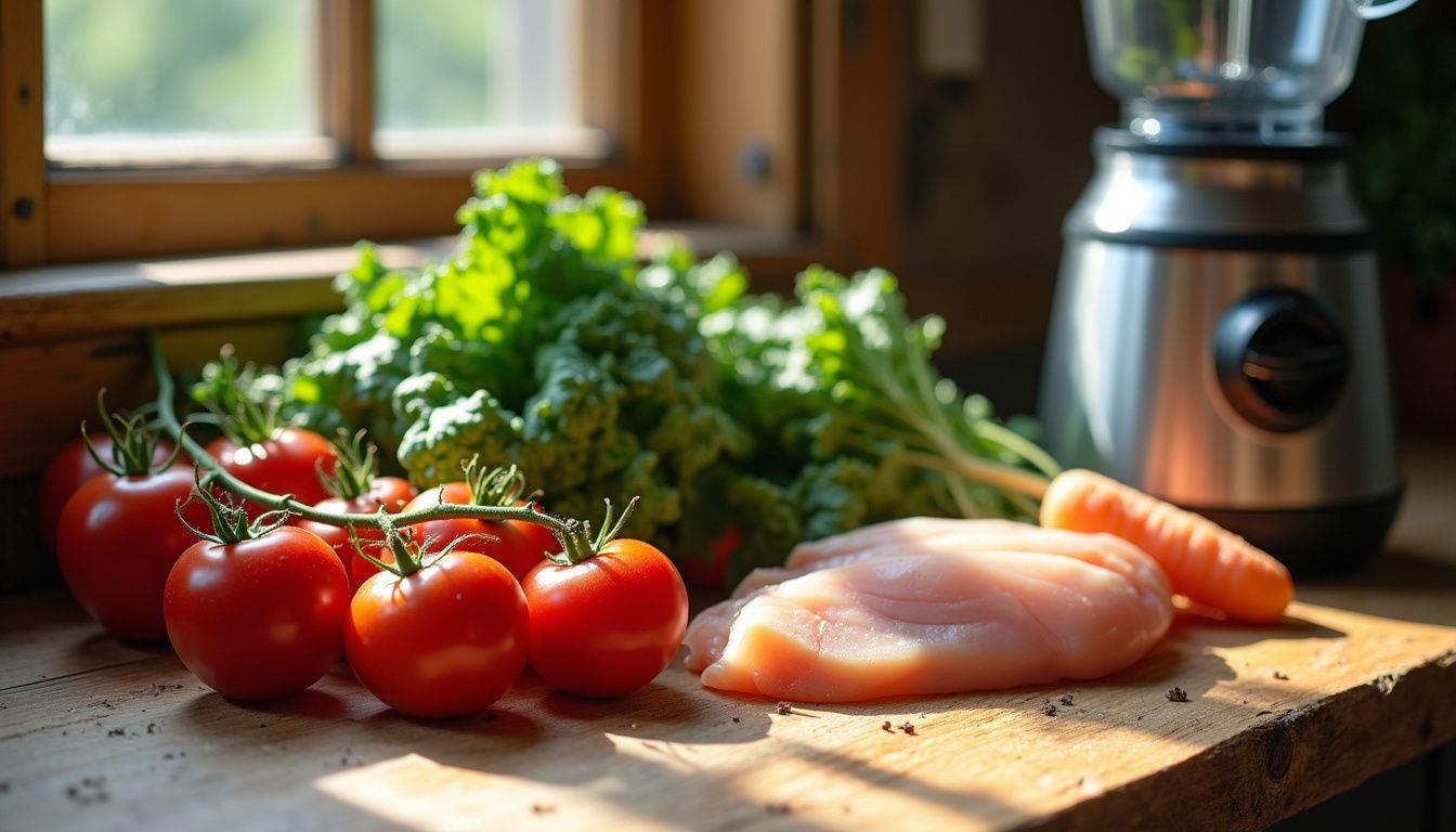 Fresh vegetables and raw chicken arranged for meal prep.