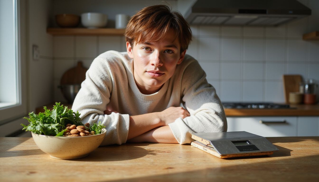 A person reviews keto-friendly foods like eggs, meat, greens, and oils on a wooden counter. A person reviews keto-friendly foods like eggs, meat, greens, and oils on a wooden counter.