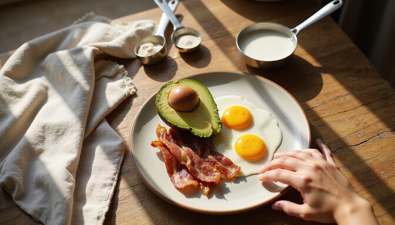 Avocado, bacon, and eggs on a rustic table for a low carbohydrate breakfast.