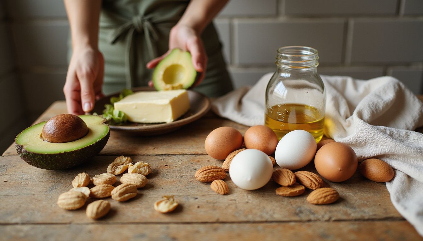 Low-carb vegetables, eggs, and oils arranged for a keto cooking session.