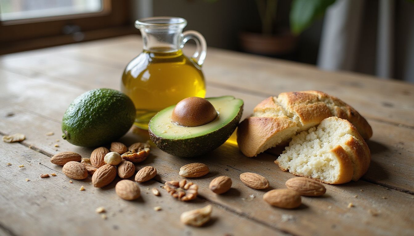 A rustic table showing avocado, nuts, olive oil, low-carb bread, and cauliflower rice, all keto staples. A rustic table showing avocado, nuts, olive oil, low-carb bread, and cauliflower rice, all keto staples.