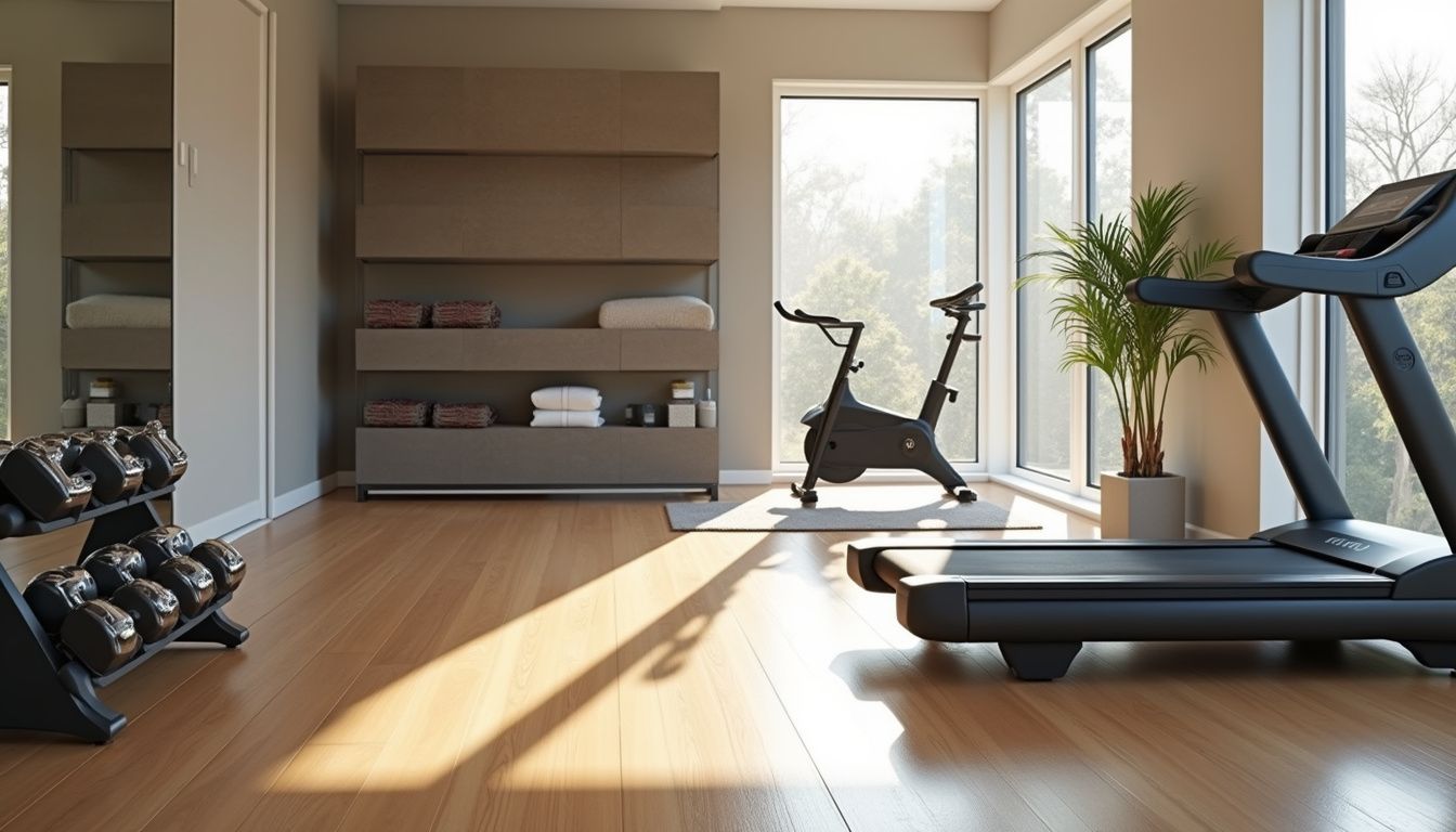 Well-equipped home gym with polished floors and organized gear.