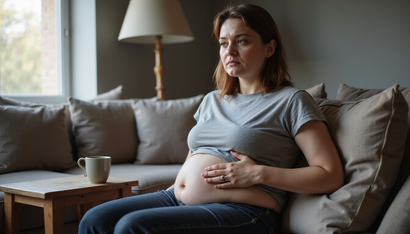 A woman looking thoughtful about her midsection while sitting in a comfortable living room.