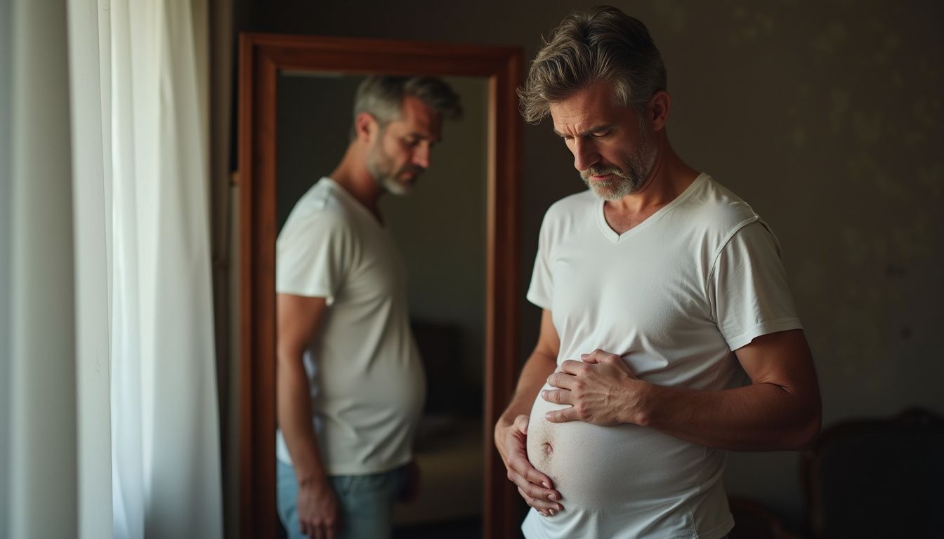 Man checking his waistline in a quiet bedroom.