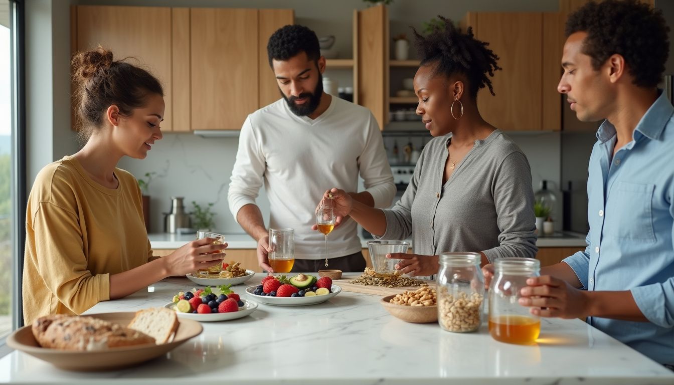 A group preparing simple healthy meals together in a bright, modern kitchen.