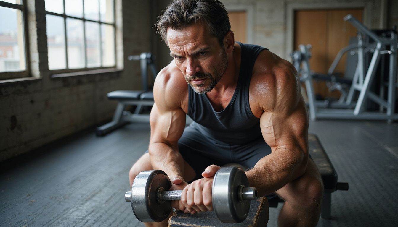 A man performs a focused dumbbell press in a modern gym, highlighting controlled strength.