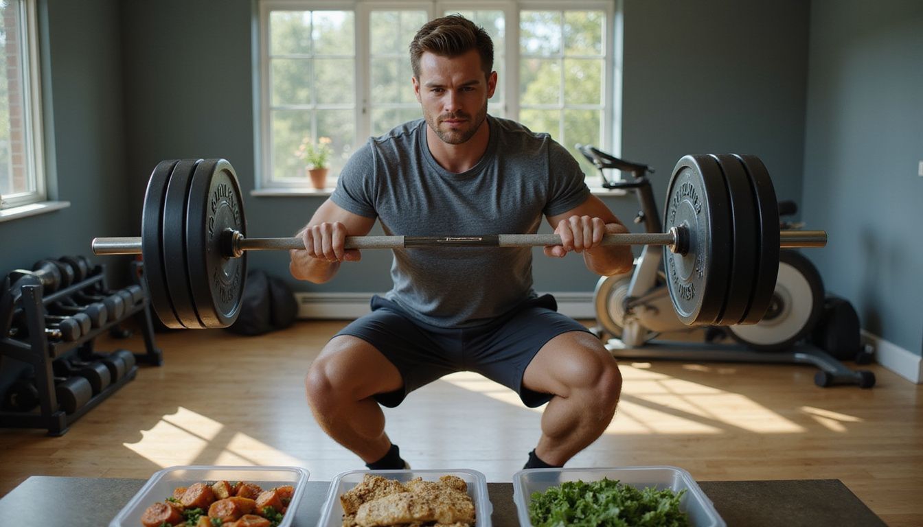 Man performing a deep barbell squat in a compact home gym.