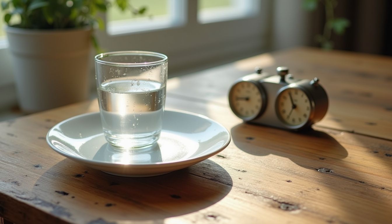 Kitchen timer on a rustic table, set for an eating window.