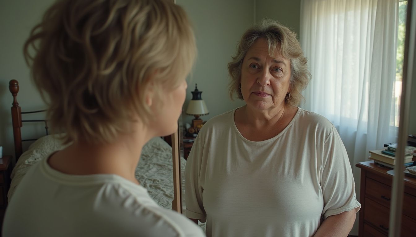 A woman looking in a mirror in a softly lit bedroom.