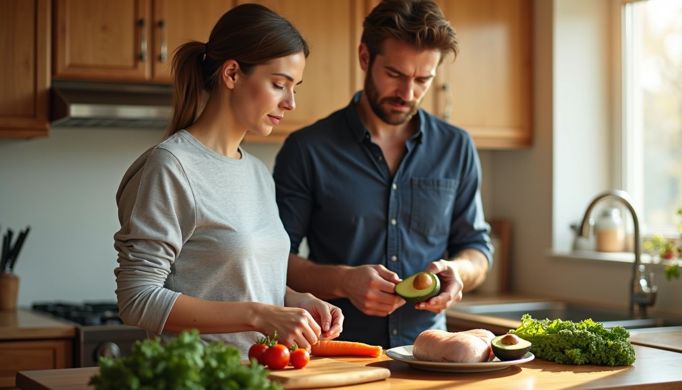 A couple works together in a home kitchen, chopping colorful produce.