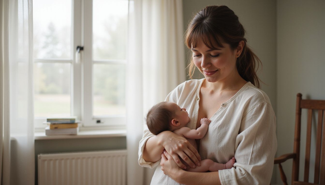 A mother breastfeeding her infant in a softly lit nursery.