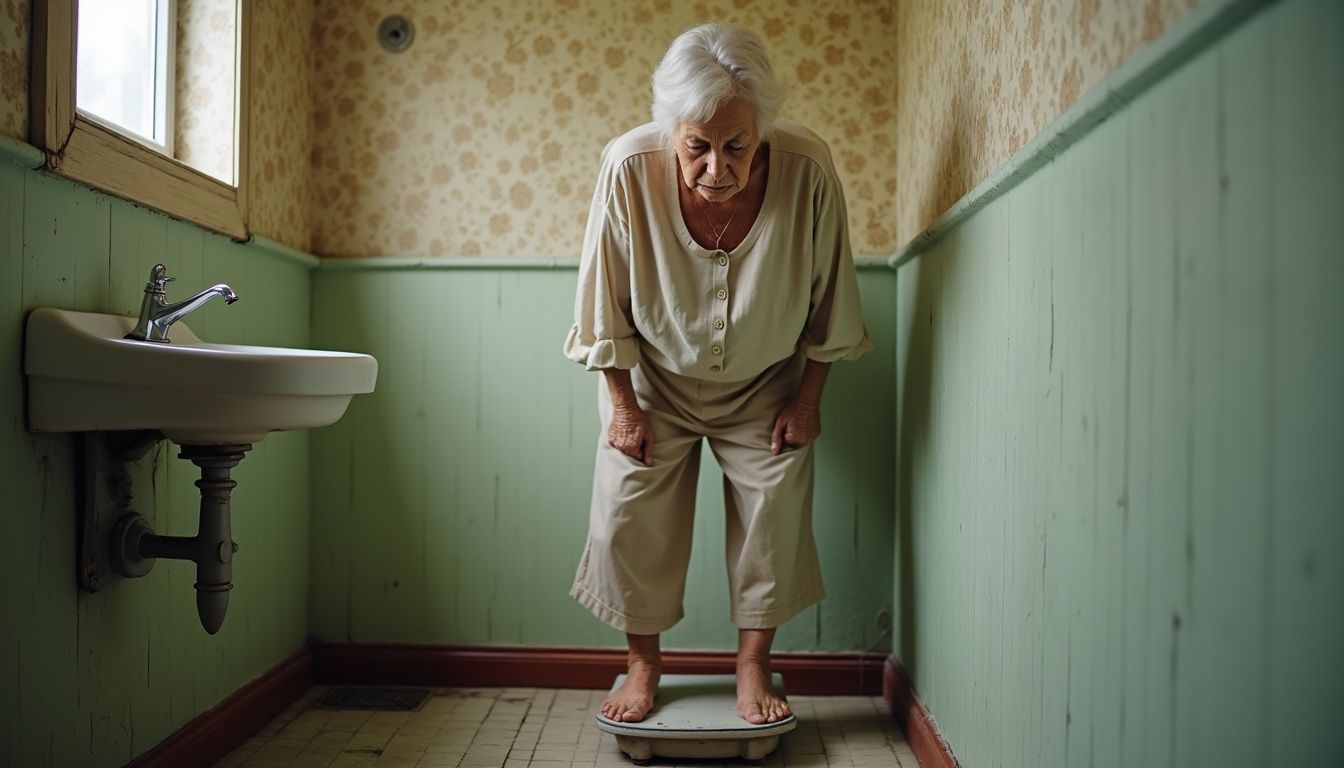 Older adult checking weight, showing concern about sudden weight changes.