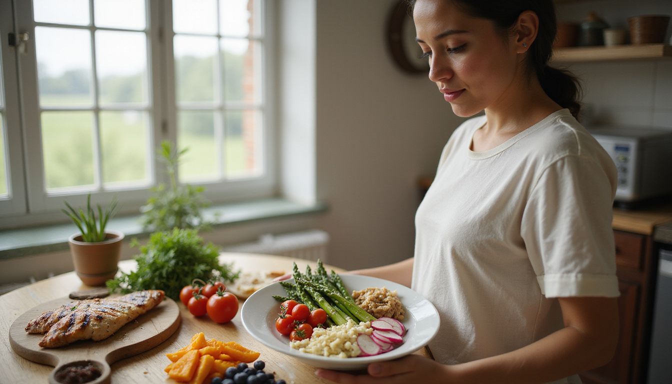 Home cook holding a plate filled with colorful, healthy foods like vegetables and lean protein.