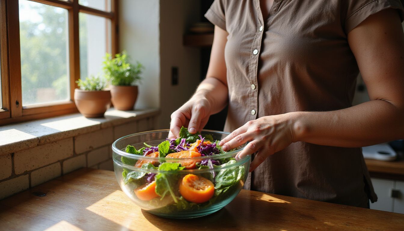 A middle-aged woman prepares a colorful salad in a cozy kitchen. Woman making a colorful salad on a kitchen counter, ready for a low-calorie meal.