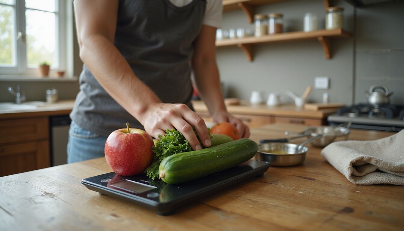 Hands weighing vibrant fruits and vegetables on a kitchen scale.
