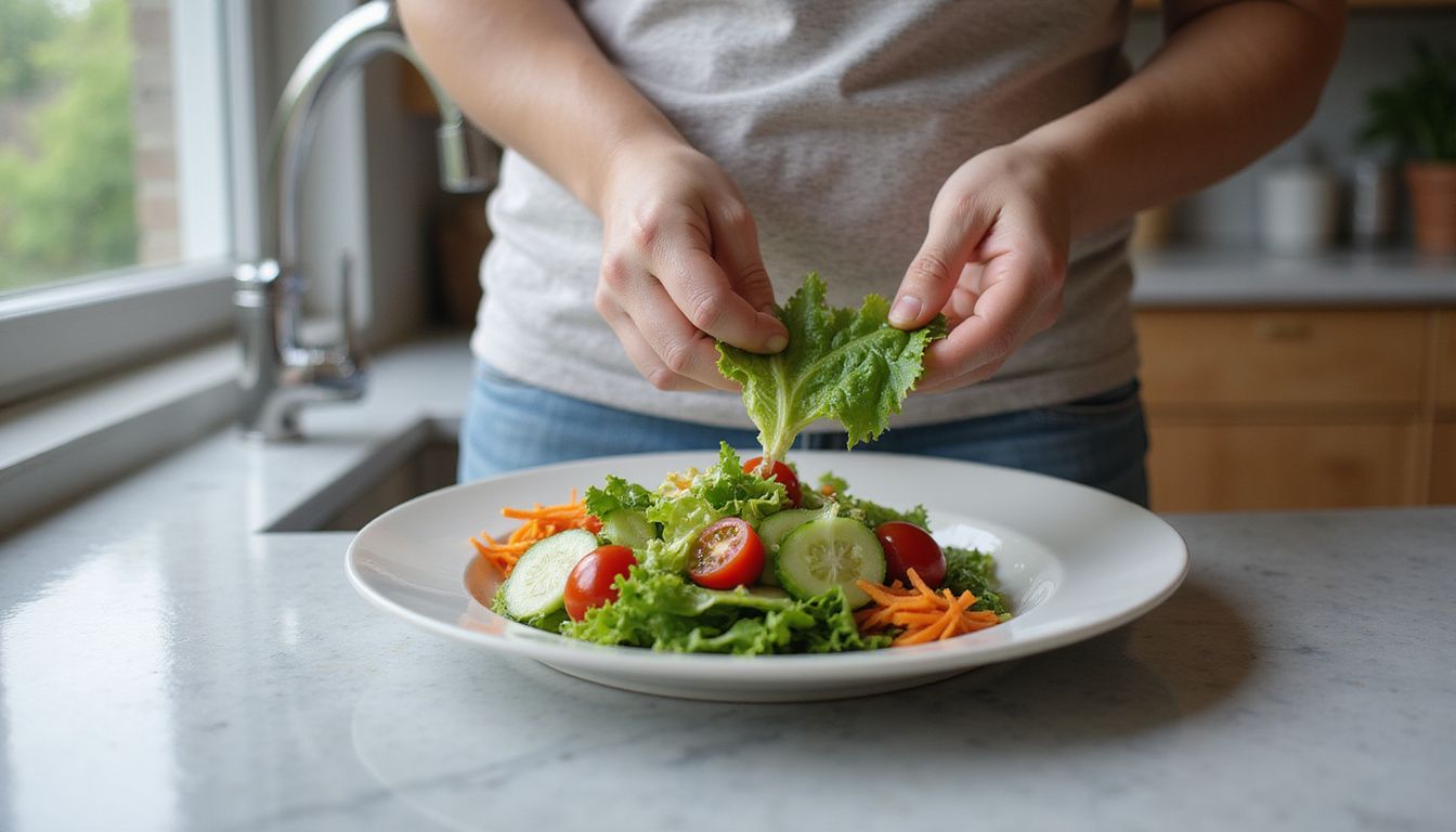 Hands assembling a fresh salad with greens, beans, and colorful vegetables.