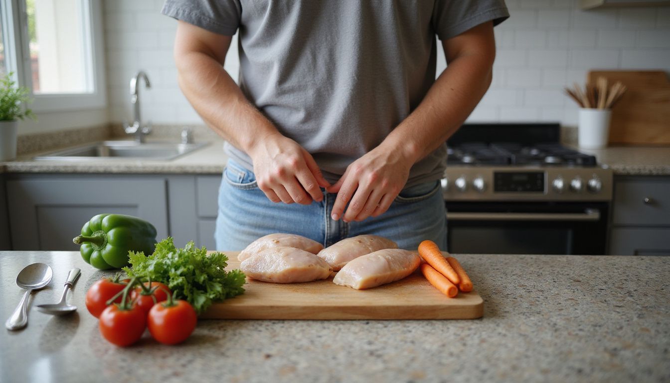 A person preparing a healthy low-calorie meal with fresh vegetables and chicken on a cutting board.