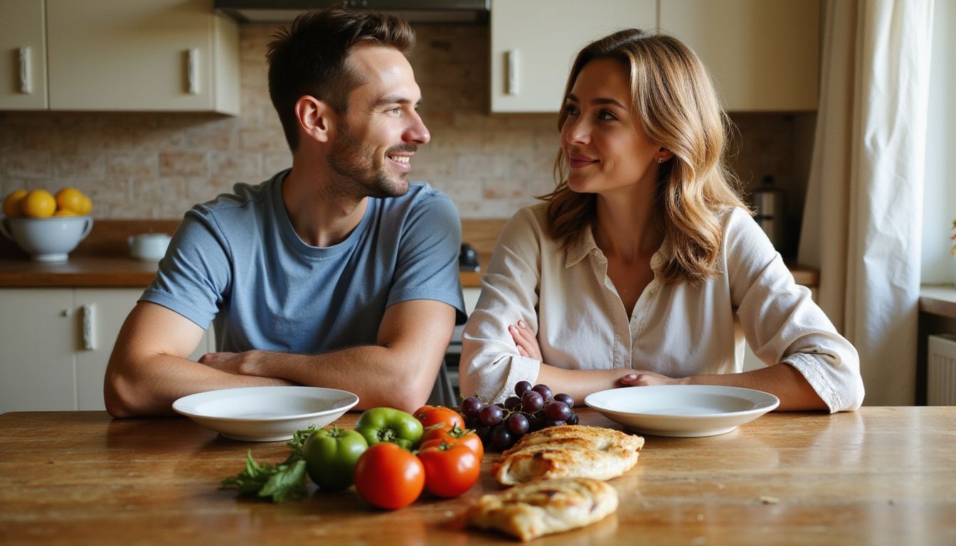 Couple enjoying a balanced, low-calorie dinner at a wooden table.