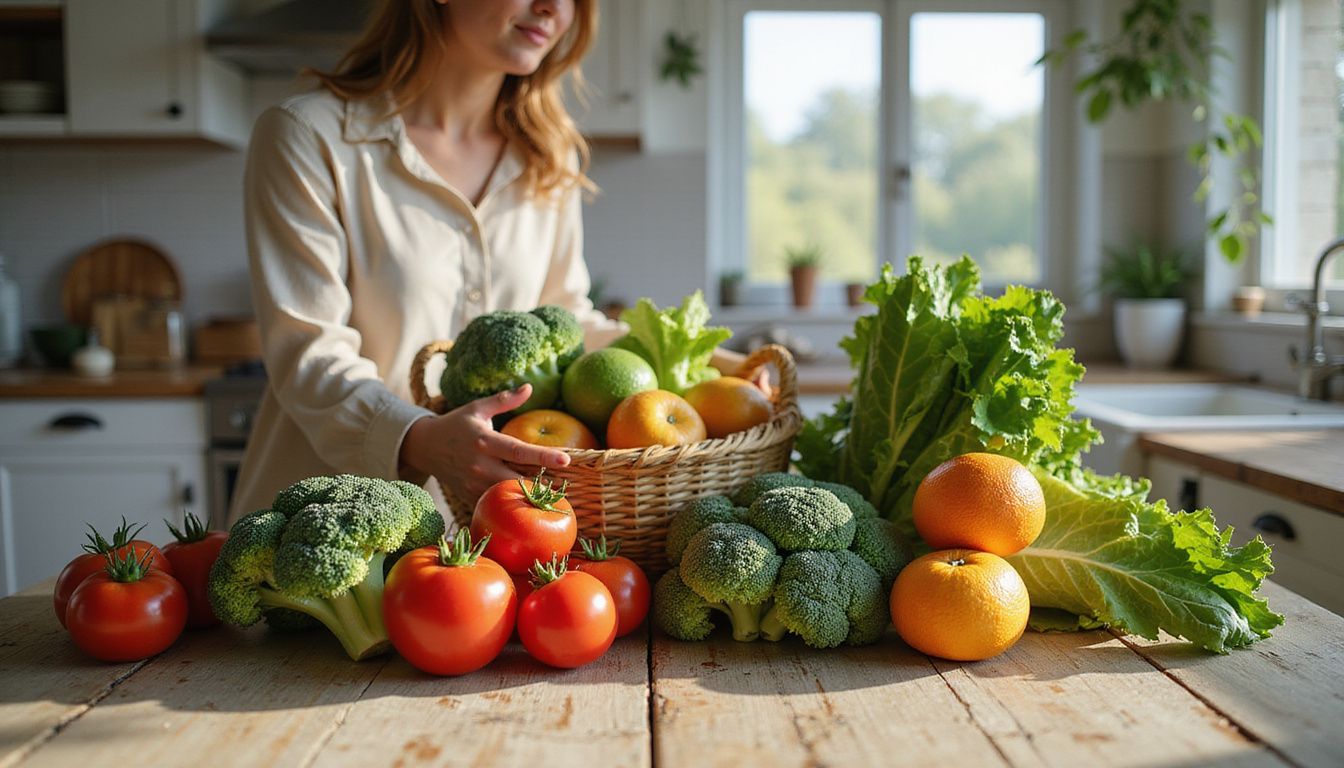Fresh fruits and vegetables arranged on a wooden table for a low-calorie meal.
