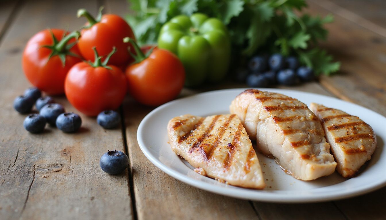 Fresh produce and grilled lean meats displayed on a rustic wood table.