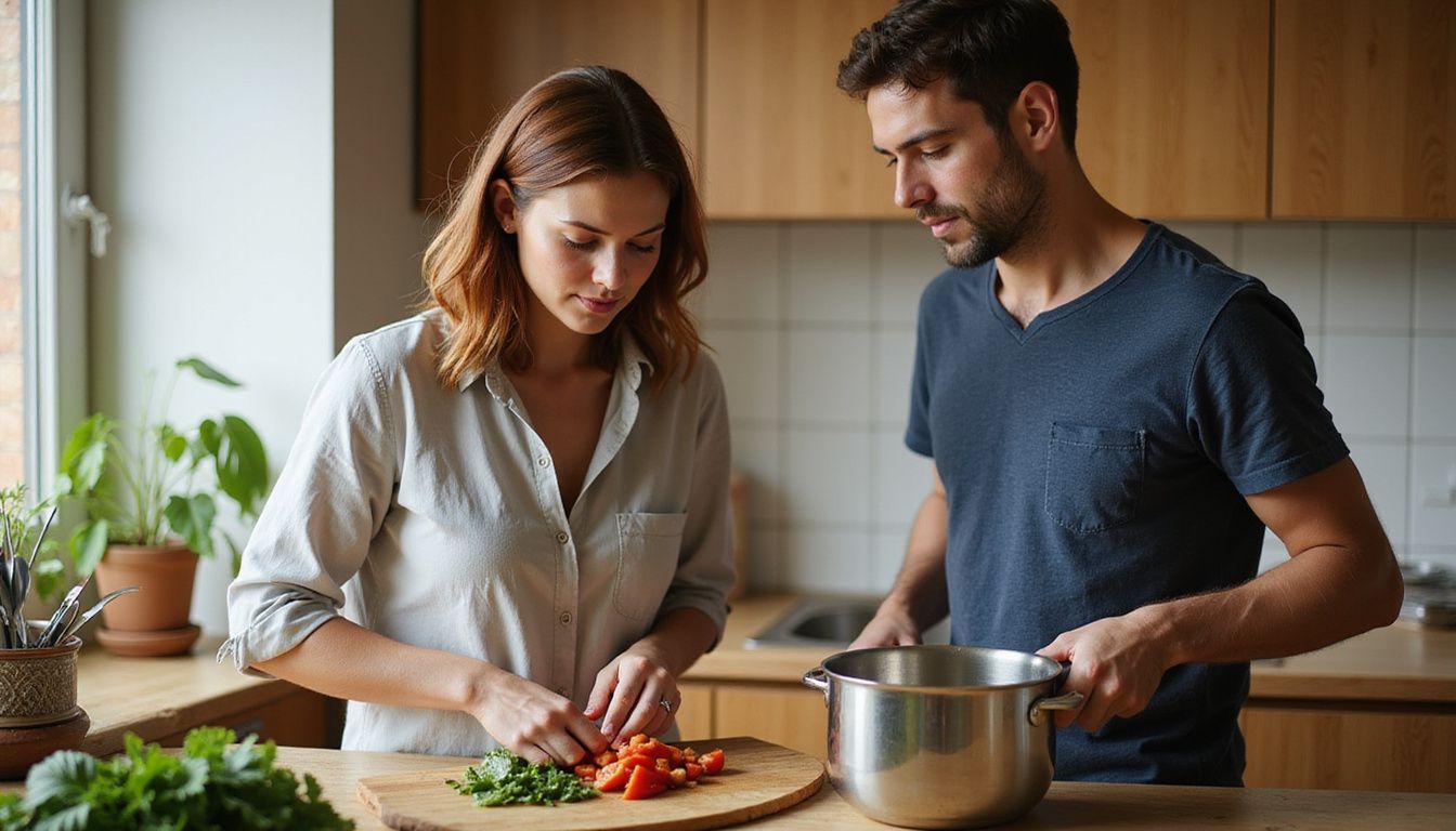 Two people cooking a colorful, high-protein meal together in a home kitchen.