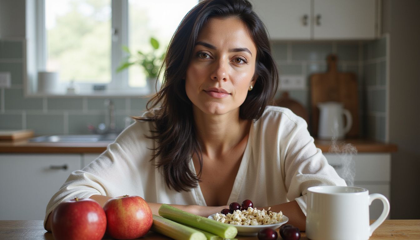 A woman sitting at a kitchen table enjoying a bowl of fresh fruit.
