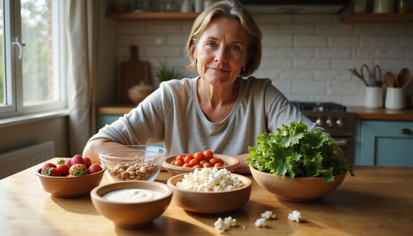Woman enjoying fruit and popcorn as a balanced, low-calorie breakfast.